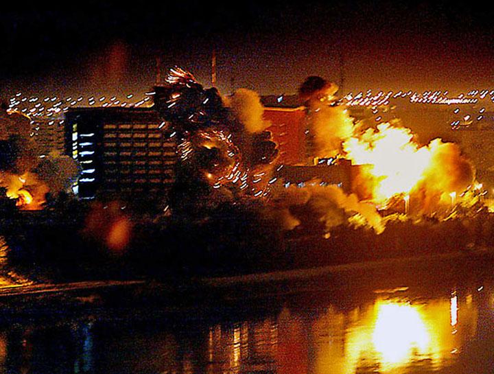 Bombs fall on government buildings in Baghdad during the "shock and awe" bombardment at the beginning of the war