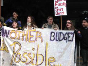 Protesters show their solidarity outside the occupied business administration building at SFSU